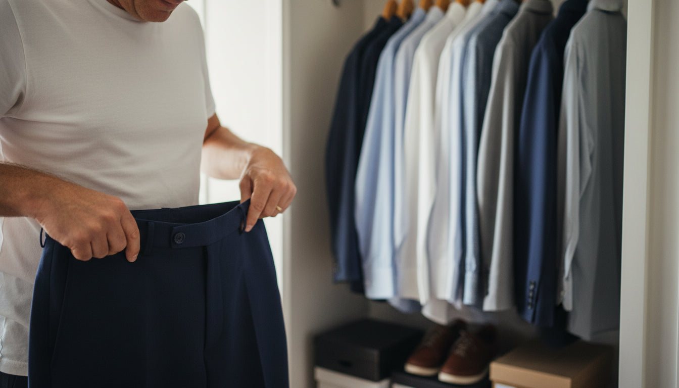 Man pulling old pants from closet
